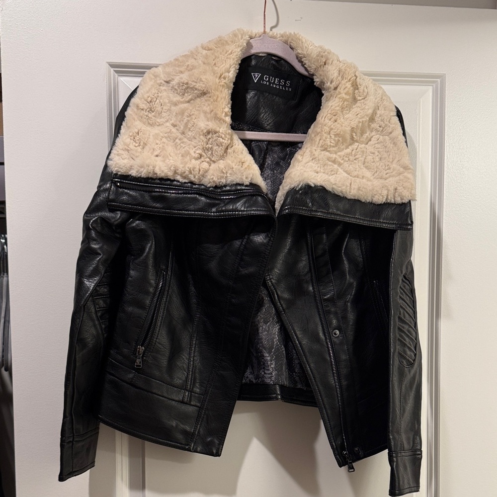 GUESS Black Leather Jacket with Cream Fur Trim